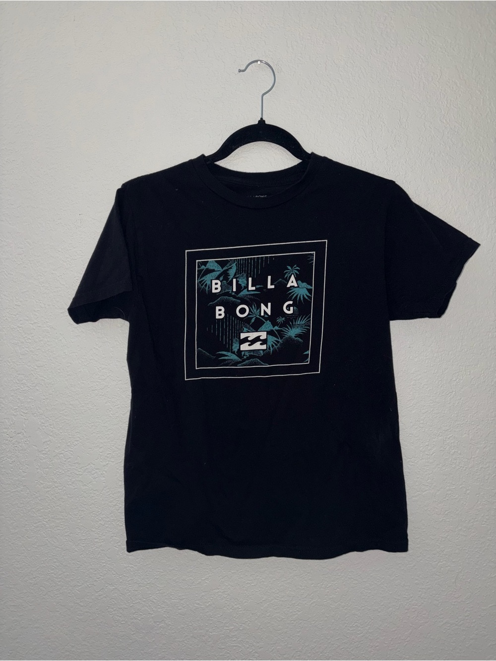 Billabong Black Tee with Teal Tropical Square Graphic